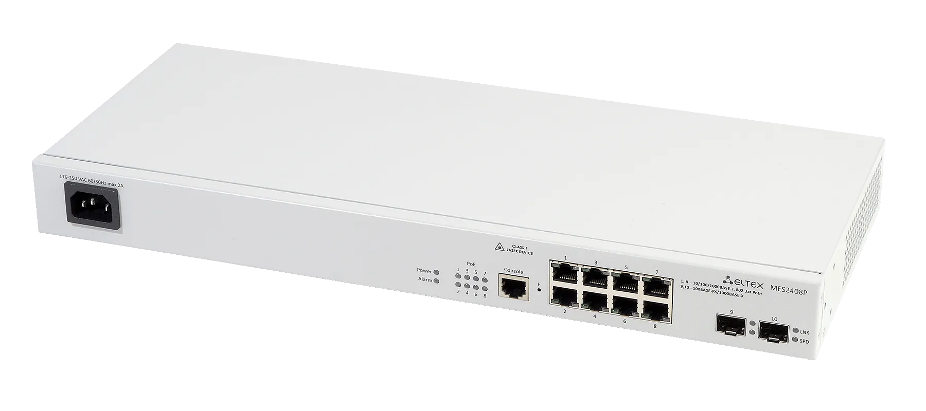 Ethernet-коммутатор MES2408CP, 8xPoE/PoE+ (1G) + 2xCombo (RJ45/SFP), L2, 220V AC